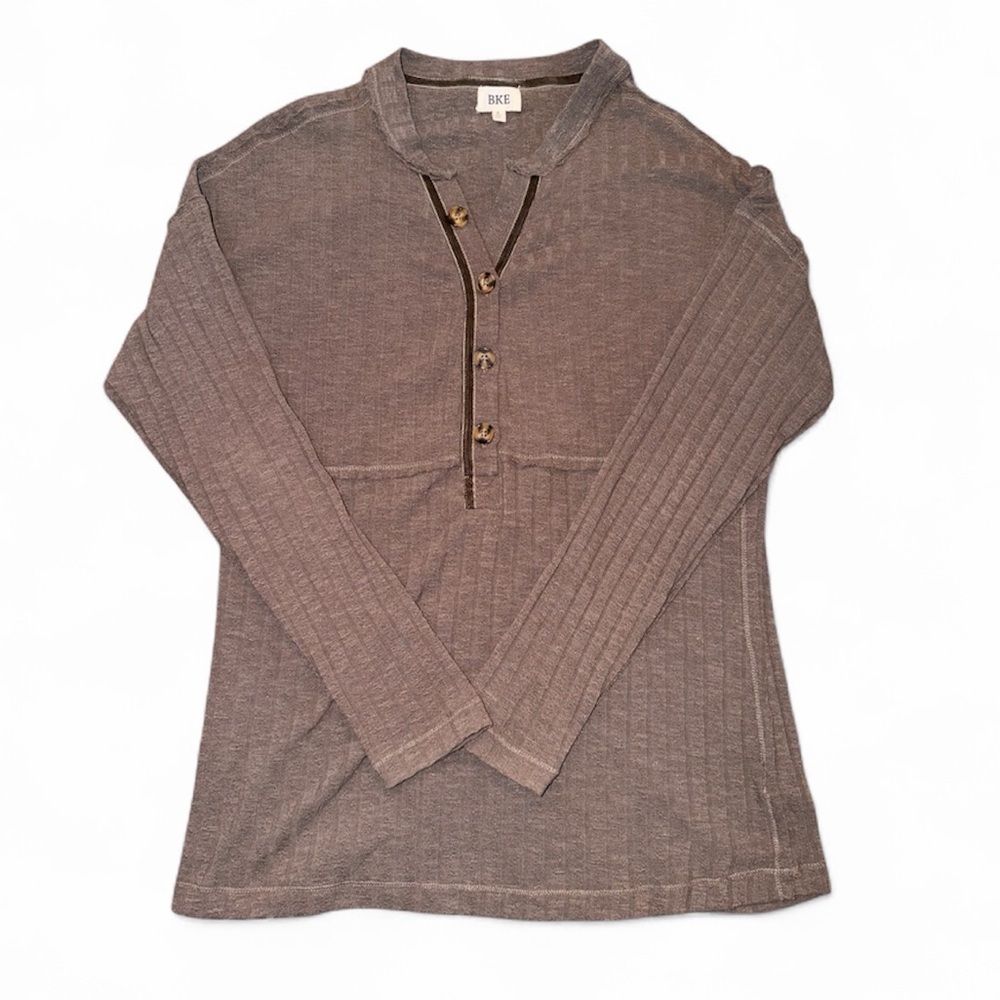 BKE Ribbed Button-Up Long Sleeve Henley Top – Charcoal Gray | Size S